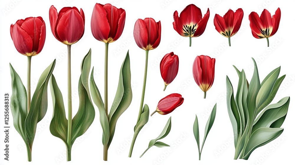 custom made wallpaper toronto digitalSet of red tulip flowers and leaves isolated on a white background,