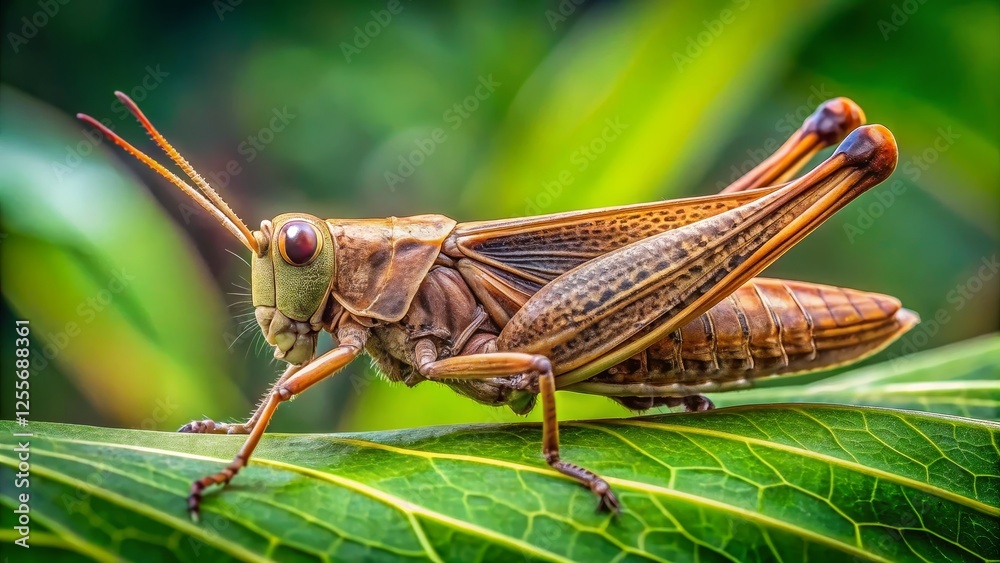 Detailed Close-Up of Grasshopper Perched on Green Leaf Detailed Close-Up of Grasshopper Perched on Green Leaf