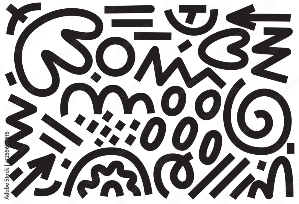 Squiggle scribble collection. Bold scribbles, lines. Groovy doodle wavy stripes. Abstract fun line and shapes. Pattern squiggle for textiles, fabrics, wallpaper, backdrop, paper. Vector illustration