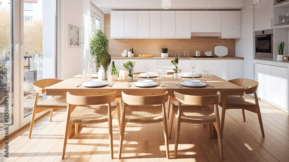 Modern Minimalist Light Wood Dining Table Setting Sunlit Kitchen Interior Design Modern Minimalist Light Wood Dining Table Setting Sunlit Kitchen Interior Design