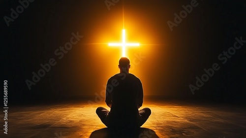 A silhouette of a person seated in meditation, illuminated by a bright cross, symbolizing spirituality and reflection.