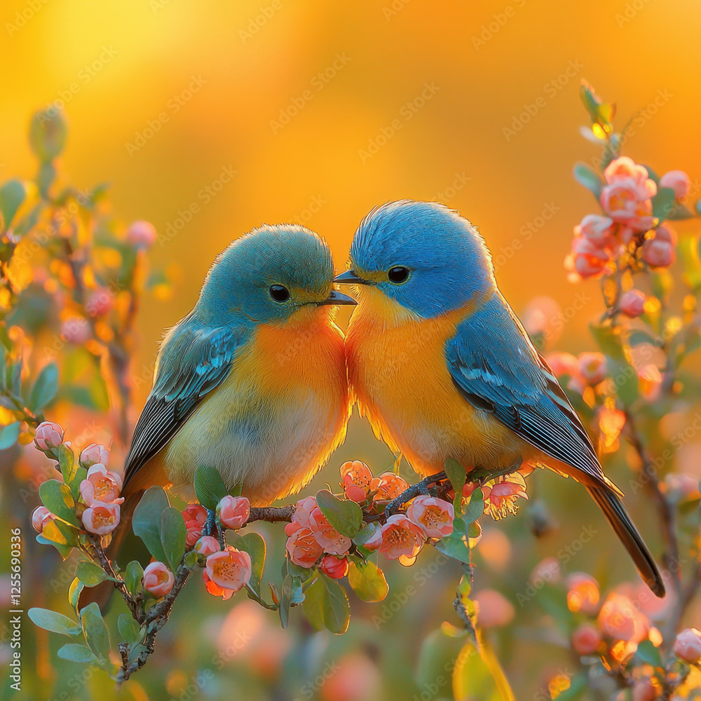 Obraz premium Two birds perched on a blossoming branch at sunset