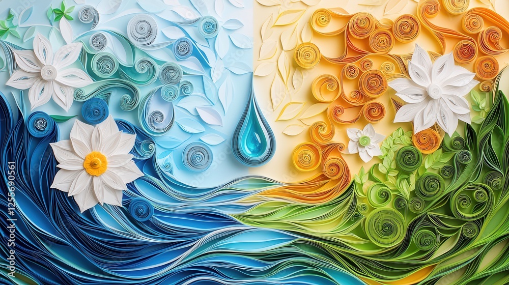Paper quilling water conservation theme World Water Day concept. Artistic representation of water and fire with floral elements Paper quilling water conservation theme World Water Day concept. Artistic representation of water and fire with floral elements