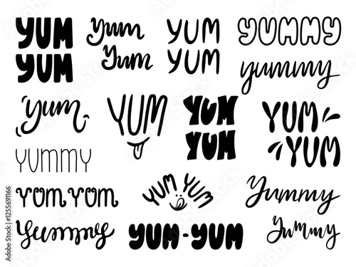 Yum yum lettering. Black yum tasting hand drawn text. Doodle tasty words and inscription for delicious food banners, stickers design, neoteric vector set