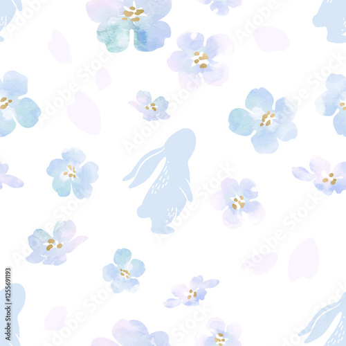 Easter pattern with watercolor bunnies and flowers texture. Seamless vector background for design and print