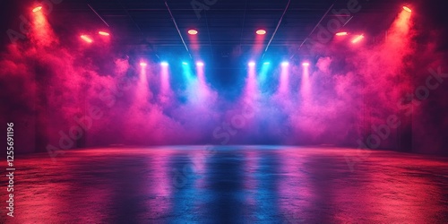 Neon Lights Stage: A vibrant, smoky stage illuminated with red and blue lights, perfect for concerts or events.  Dramatic lighting creates a captivating atmosphere.
