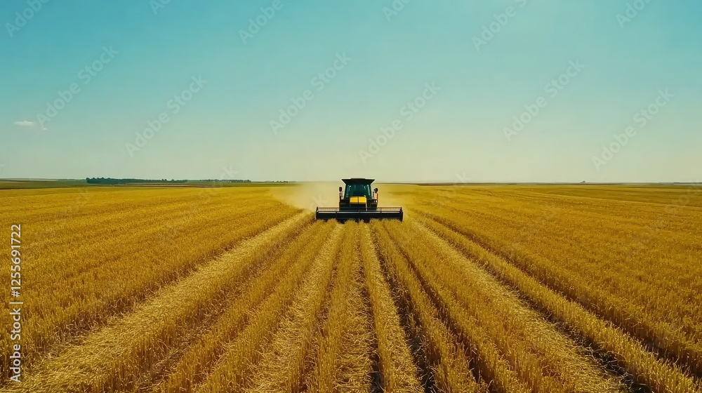 Obraz premium Aerial view of a combine harvester cutting through a golden wheat field under a clear blue sky, leaving neat rows of stubble behind.