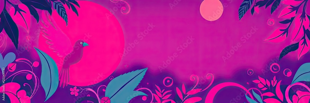 Fototapeta premium Pink Purple Bird Floral Fantasy Sunset Background