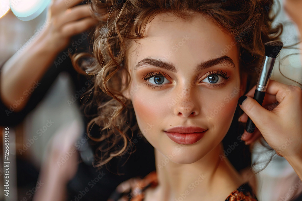 Fototapeta premium AI generated image of smiling beautiful woman getting hair styled at salon