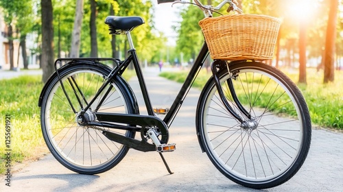 Classic bike with basket on city path, people walking in background, sunny day photo