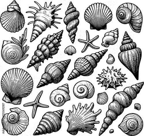 set of hand drawn seashell vector illustration, sea shell day ornament