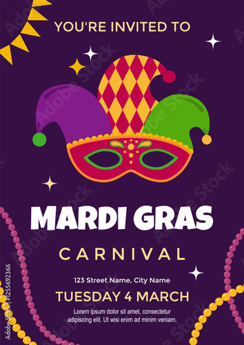 Festive Party Invitation Poster Mardi Gras. Mardi Gras Carnival vertical banner with carnival mask. Vector illustration with typography design