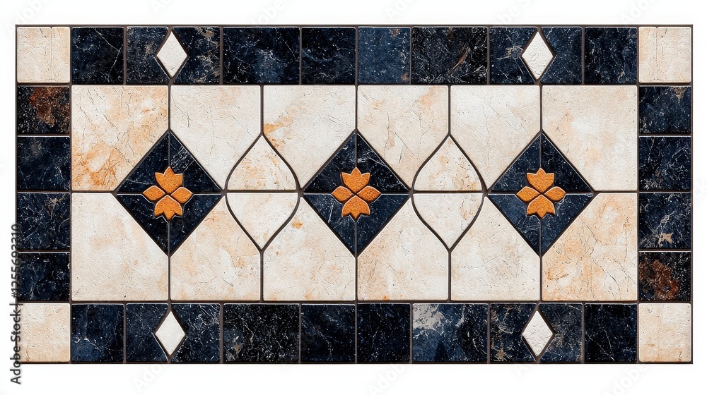 Fototapeta premium Decorative Floor Tile Design with Geometric Patterns and Floral Accents in Rich Colors