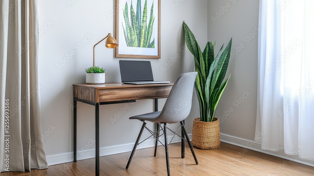 Fototapeta premium Minimalist home office with a sleek desk, ergonomic chair, and a potted plant for a fresh, clean look.