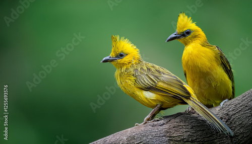 yellow bulbul chook on a tree department with a green background