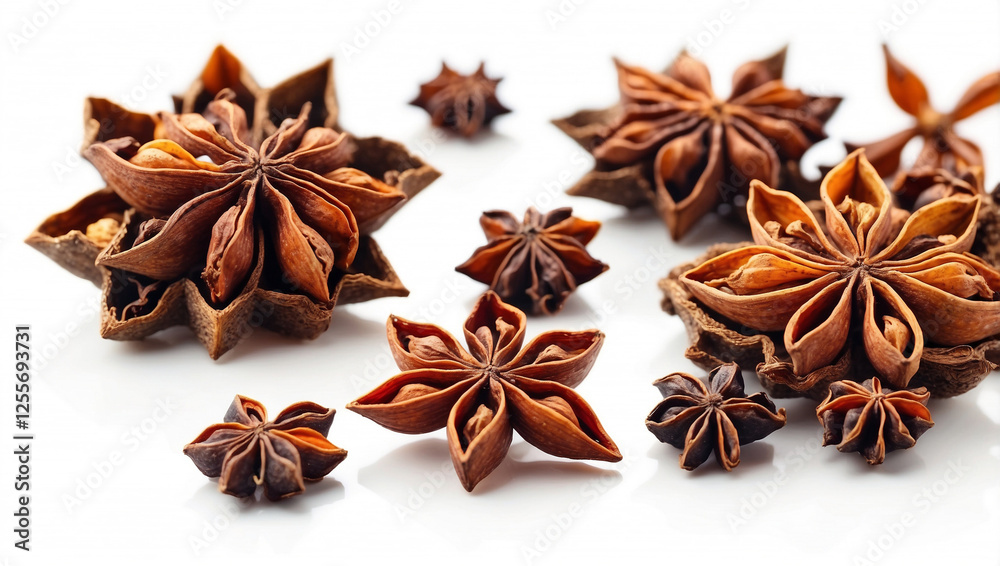 A Collection of Star Anise Isolated on a White Background for Culinary Use A Collection of Star Anise Isolated on a White Background for Culinary Use
