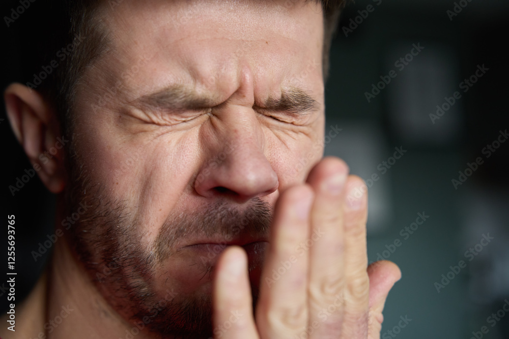Bad breath from mouth. Close-up of man checking his breath by exhaling into his hand, showing concern about oral hygiene or bad breath Bad breath from mouth. Close-up of man checking his breath by exhaling into his hand, showing concern about oral hygiene or bad breath