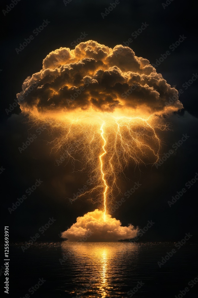 Obraz premium Catastrophic lightning strike over ocean dramatic scene stormy atmosphere aerial view nature's fury
