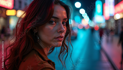 Young Woman with Long Brown Hair in City at Night Urban Nightlife Portrait