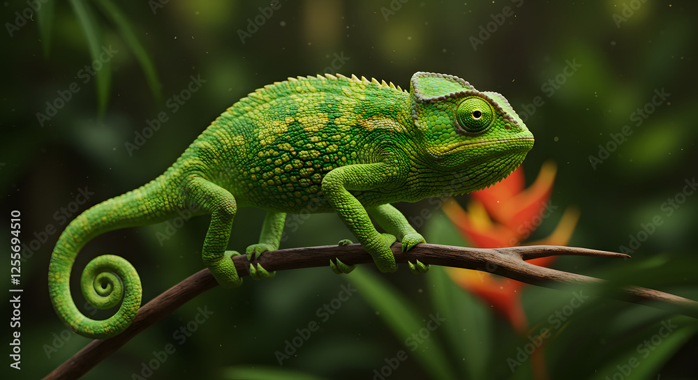 Obraz premium Green Chameleon on Branch with Spiky Leaves and Colorful Flower