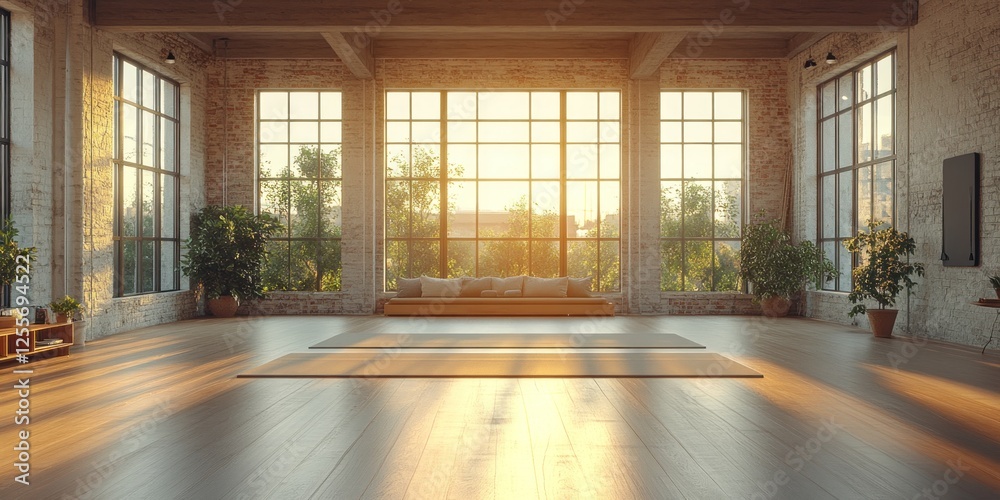 Fototapeta premium Serene Sunrise Yoga Studio: Sunlit Loft Space with Floor-to-Ceiling Windows