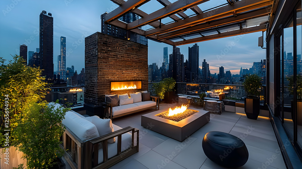 Fototapeta premium Modern Rooftop Design with Cityscape Views and Fireplace