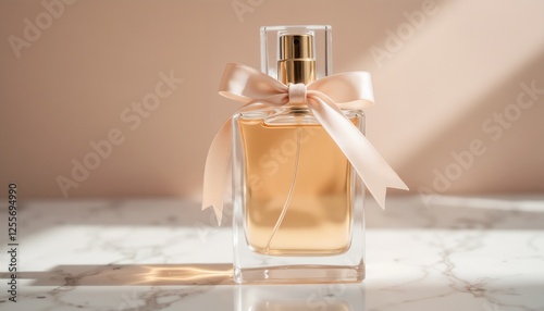 Elegant perfume bottle with ribbon on marble surface in soft lighting for March 8 gifts
