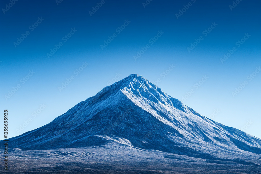 A majestic peak standing alone against a clear, deep blue winter sky, its icy ridges sharp and well-defined. A majestic peak standing alone against a clear, deep blue winter sky, its icy ridges sharp and well-defined.