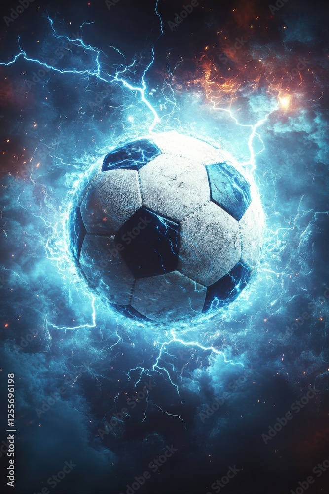 Fototapeta premium Dynamic soccer ball in electric atmosphere sports event fantasy environment