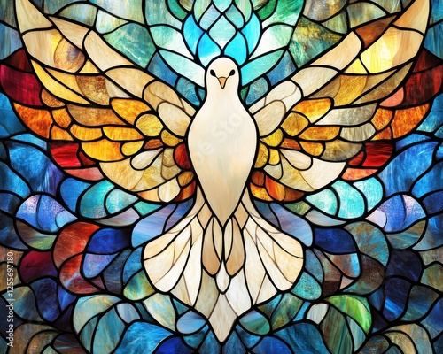 A dove symbolizes the Holy Spirit, representing peace and spirituality in a vibrant stained glass artwork