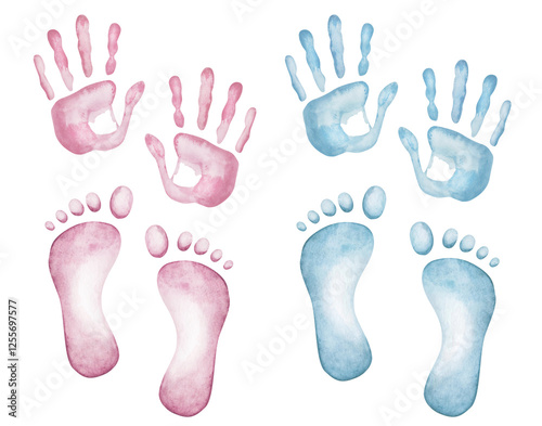 Watercolor illustration. Hand painted blue and pink handprint and footprint of people. Man and woman. Girl and boy. Children prints. Palm with fingers. Foot with toes. Body parts. Isolated clip art photo