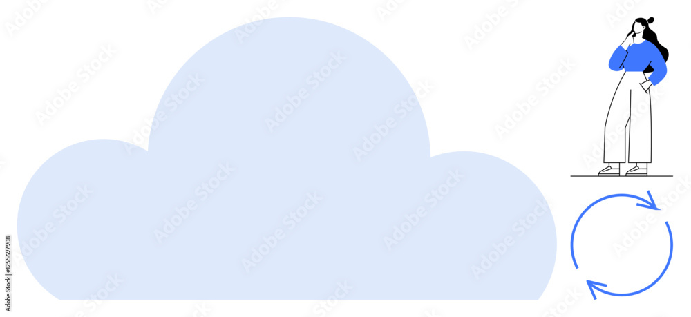 Person standing thoughtfully next to a large cloud with blue circular arrows below. Ideal for cloud computing, data storage, brainstorming, ideas, innovation, connectivity, continuous improvement Person standing thoughtfully next to a large cloud with blue circular arrows below. Ideal for cloud computing, data storage, brainstorming, ideas, innovation, connectivity, continuous improvement