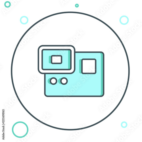 Line Action extreme camera icon isolated on white background. Video camera equipment for filming extreme sports. Colorful outline concept. Vector