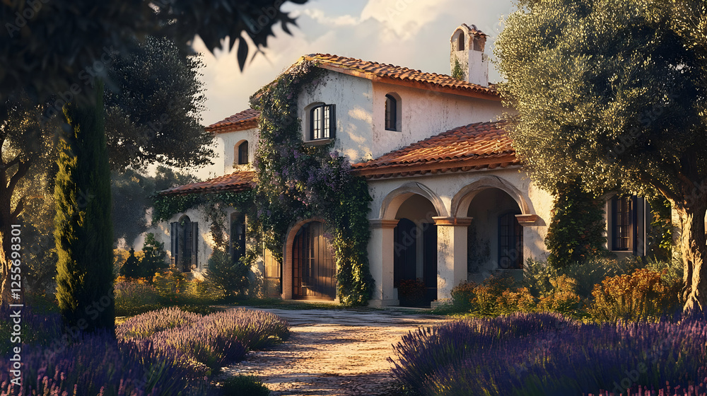 Naklejka premium Mediterranean Villa in Lavender Fields: A Dream Home in the Countryside