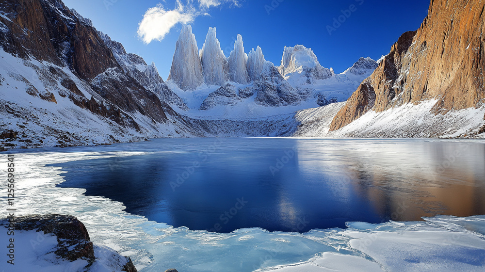 Fototapeta premium A massive frozen lake encircled by towering snow-capped peaks, the ice reflecting the endless blue sky.