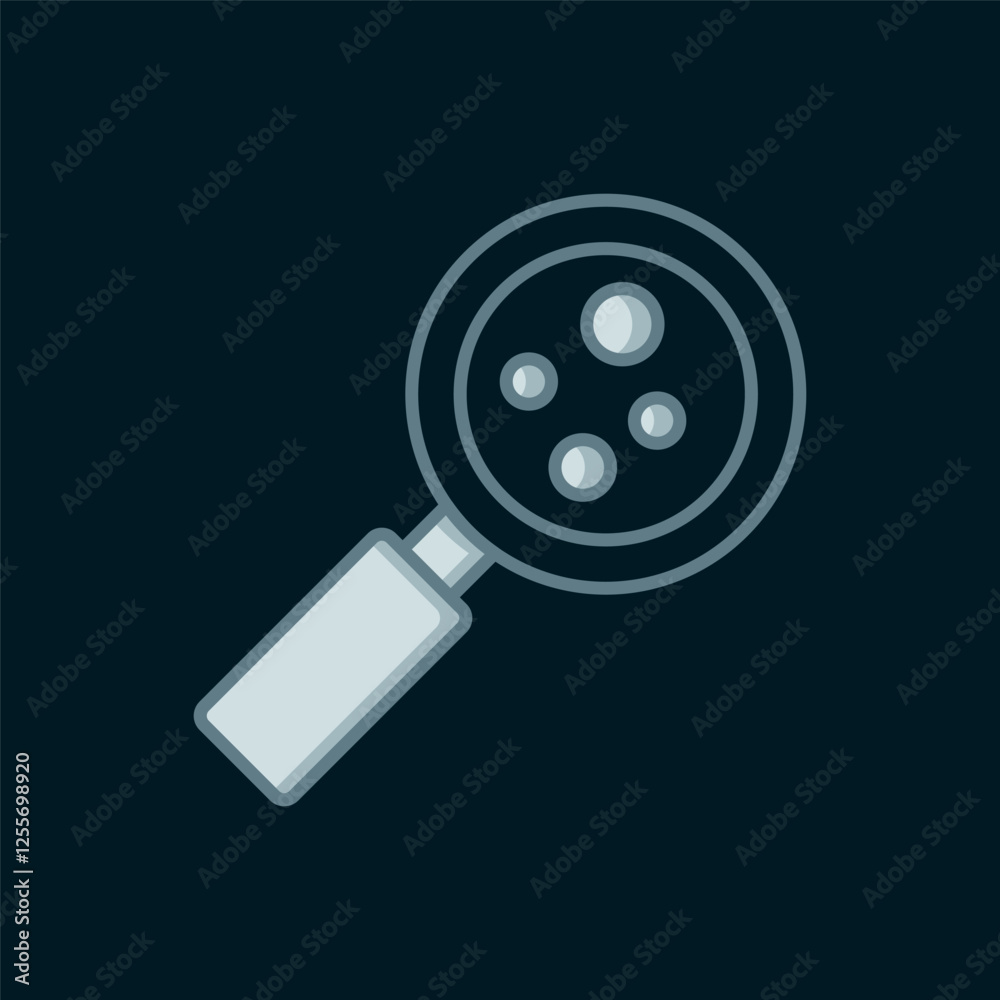 Line Microorganisms under magnifier icon isolated on black background. Bacteria and germs, cell cancer, microbe, virus, fungi. Flat filled outline style with shadow. Vector Line Microorganisms under magnifier icon isolated on black background. Bacteria and germs, cell cancer, microbe, virus, fungi. Flat filled outline style with shadow. Vector