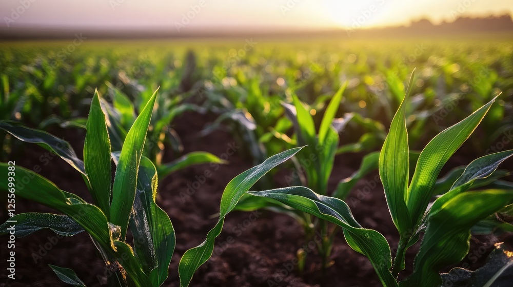 Obraz premium Close-up of dewdrops on vibrant green corn leaves at dawn, highlighting the freshness of early morning in the fields.