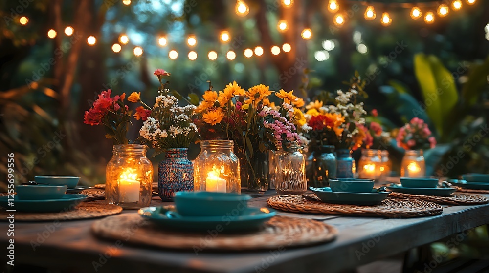 A vibrant garden party table under twinkling string lights, adorned with fresh flowers in glass jars, colorful ceramic dishes, and natural woven placemats,