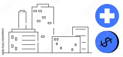 Minimalist black-line cityscape with tall buildings. Blue circular icons include a health cross and dollar sign. Ideal for urban development, healthcare, economics, business, infrastructure, real