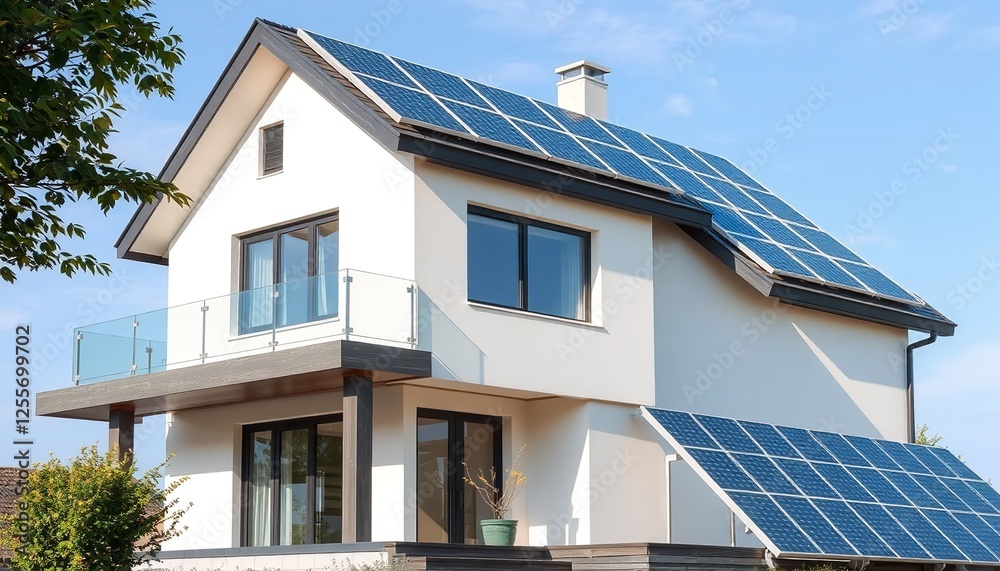 Modern Eco Friendly House with Solar Panels Sustainable Home Design Energy Efficient Architecture Rooftop Solar Power System Clean Energy Renewable Modern Eco Friendly House with Solar Panels Sustainable Home Design Energy Efficient Architecture Rooftop Solar Power System Clean Energy Renewable