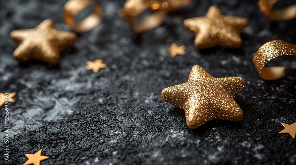 Gold stars confetti dark background; festive decor Gold stars confetti dark background; festive decor