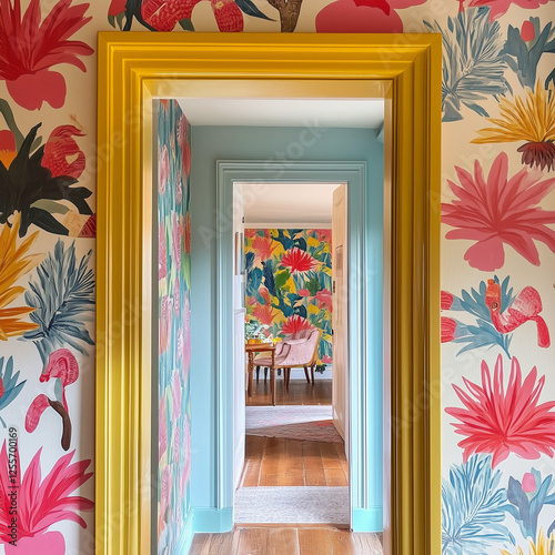 A doorway in a home decorated in bold vibrant colours and patterns, dopamine decor style, maximalism and scandi vibes with bright natural light. Square format