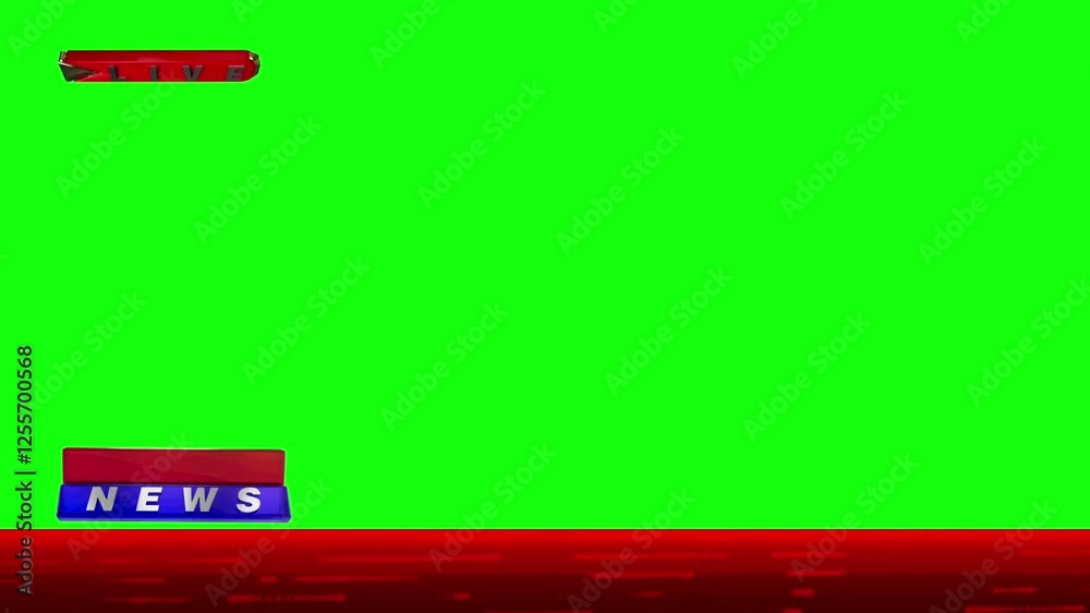 Live news broadcast template with animated breaking news banner and scrolling ticker on green screen
