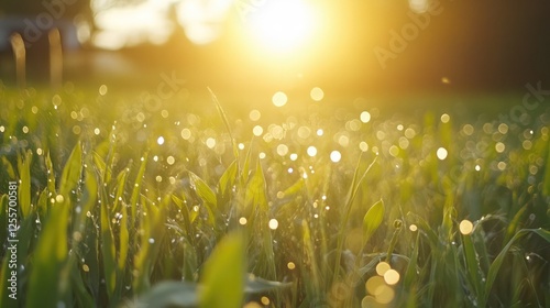 Close-up of irrigation sprinklers watering a field of young crops at sunrise, highlighting the importance of water management in farming.