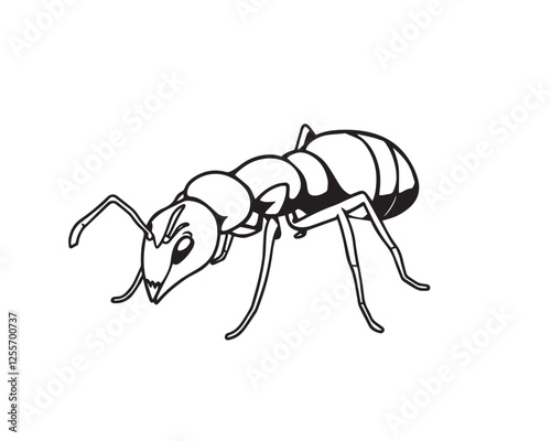 A black and white line art illustration of an ant, distinctly split into bold, divided sections.  The style is simple, bold, and easily colorable with a clear white background, Vector.