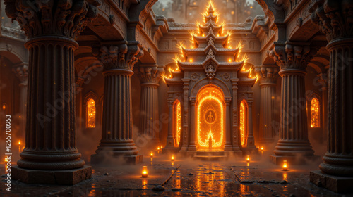 Divine temple interior glowing with candles and spirituality, mystical and atmospheric ambiance