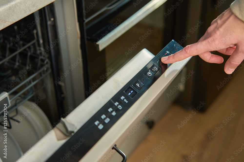 Close-up of female finger pressing button on dishwasher control panel. Woman using dishwasher in modern kitchen. Modern kitchen appliance with digital settings for efficient dishwashing