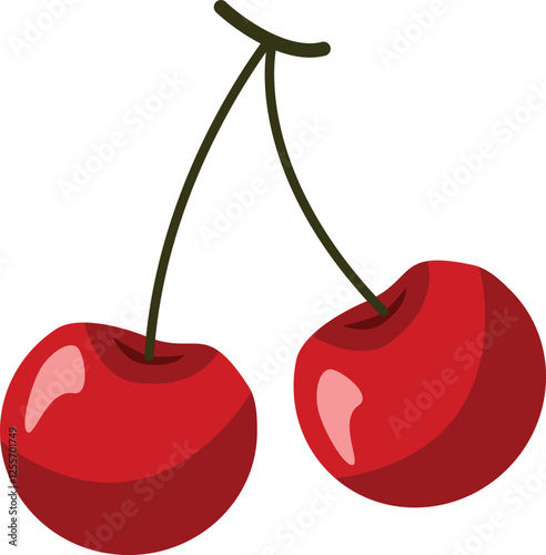 Isolated cherries. Pair of sweet cherry fruits with stems and leaf isolated on white background
