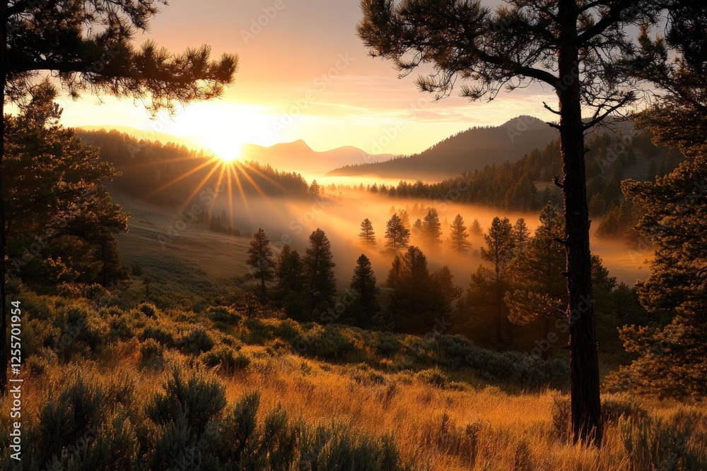 Obraz premium Sunrise over a mountain valley highlighted by golden rays and misty landscapes