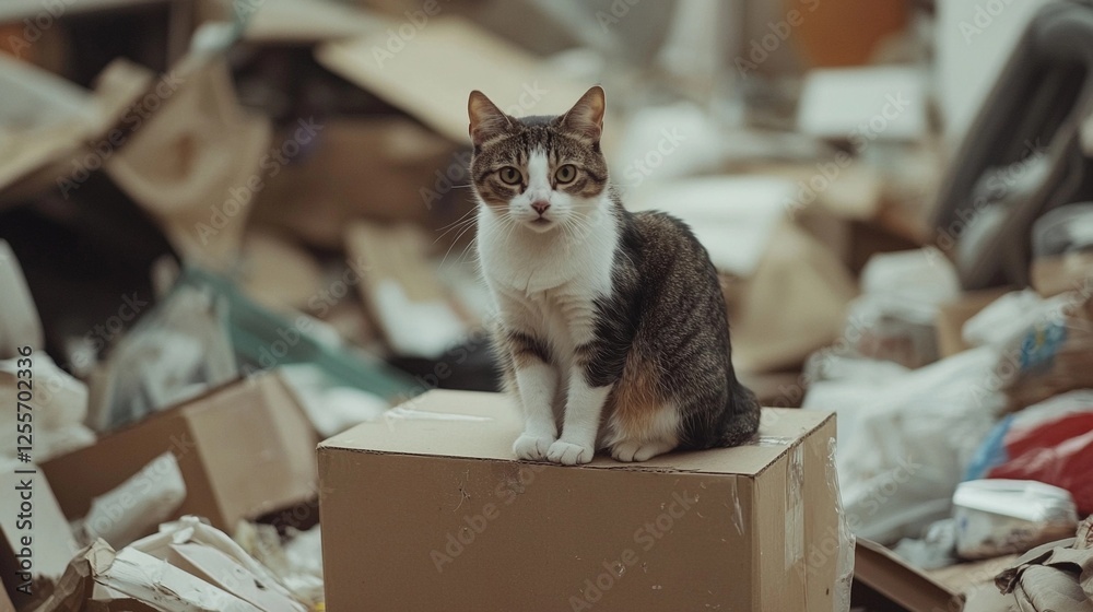 Cat perched on a cardboard box surrounded by scattered, disordered materials in a cluttered space Cat perched on a cardboard box surrounded by scattered, disordered materials in a cluttered space